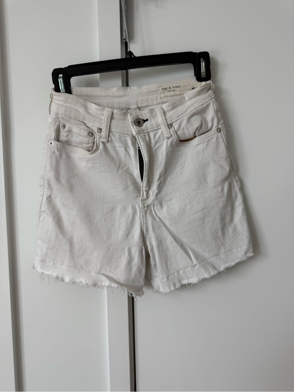 rag & bone White Denim Frayed Hem High-Rise Shorts